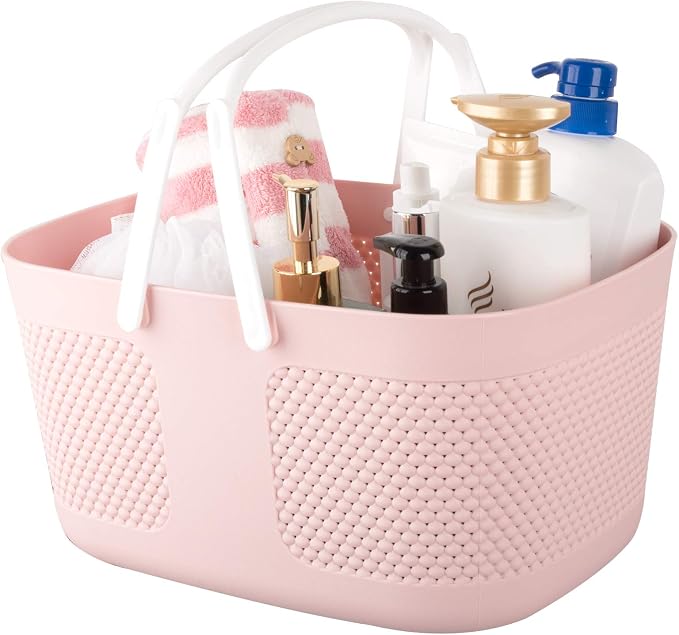 rejomiik Portable Plastic Shower Caddy Basket Organizer with Handles, Pink | Large Capacity Storage Tote for Bathroom, College Dorm Essentials, Bath Toy Storage, Kitchen