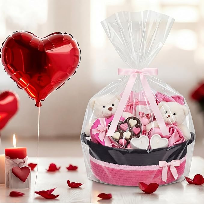 Colingmill 1 Set Woven Empty Basket for Gift,Black Hot Pink | with Cellophane Wrap Set, 14 x 10 x 5.5 Inch, Medium Decorative Gift Basket, Cotton Rope Storage Box, Home Decor