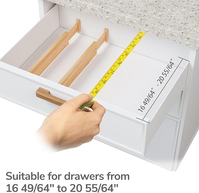 BAMEOS Bamboo Expandable Drawer Dividers – Fits 16.6"–22" Drawers, 2" High, Set of 4 | Spring-Loaded Bamboo Separator for Kitchen Island, Bathroom Vanity & Dresser Drawers