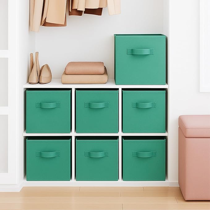PowerKing Collapsible Storage Cubes, Farbic Storage Bins, Forest, 6 Pack | Sturdy, Lightweight, Easy Pull Handle, Closet & Shelf Organizer, Clothes and Toys Storage, 10.5'' x 11'' x 10.5''