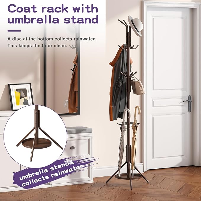 Coat Rack Freestanding,Entryway Hanger Stand,Umbrella Holder,Hall Tree With 12 Hooks, Floor Standing Metal Tree Stand,brown