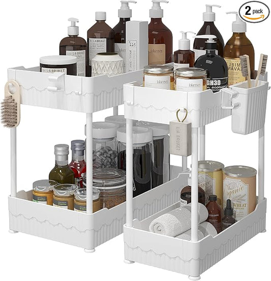 Sevenblue 2-Pack Under Sink Organizer with Hooks & Hanging Cup for Kitchen | Multi-use kitchen & bathroom storage, 14.8 inch white cabinet organizer, with hooks and hanging cup for easy access.