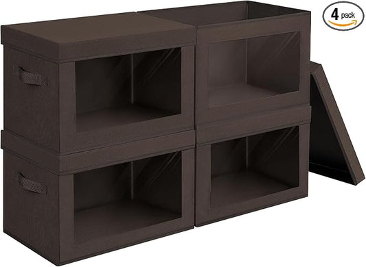 Homsorout Collapsible Storage Bins with Clear Window - Clothes Organizers and Storage, Decorative Boxes with Lid, Fabric Storage Cube, Storage Baskets for shelves, Yarn, Home, Brown, 4-Pack