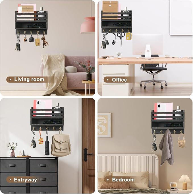 Key Holder Wall Mount with Mail Organizer, 5 Key Hooks, Black | Wood Mail Organizer Wall Mounted with 5 Key Hooks & Storage Box and Mail Organizer for Entryway, Apartment, Home and Office