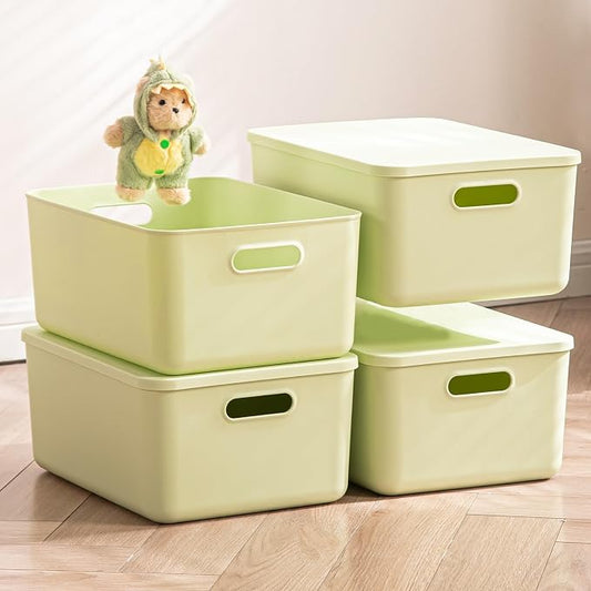 4 pack large plastic White storage bins with Lids, Toy Box Chest with Handle，Organizer Containers Baskets for Baby,Nursery，Shelves，Playroom, Bedroom，Office,Closet，home (Light Green, 4M)