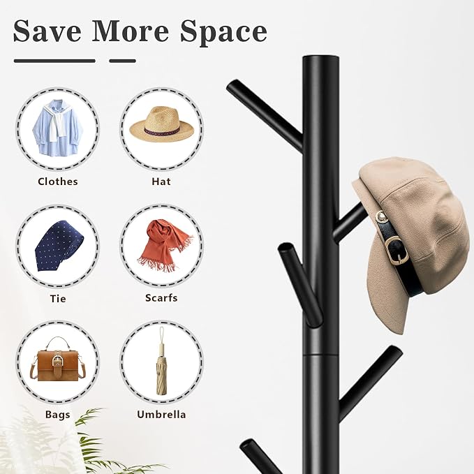 Wooden Coat Rack Freestanding with 8 Hooks,Easy Assembly New Zealand Pine Tree Coat Racks, 3 Adjustable Sizes for Clothes, Hats, Bags, for Entryway, Hallway, Bedroom, Office (Black, 2 PCS)
