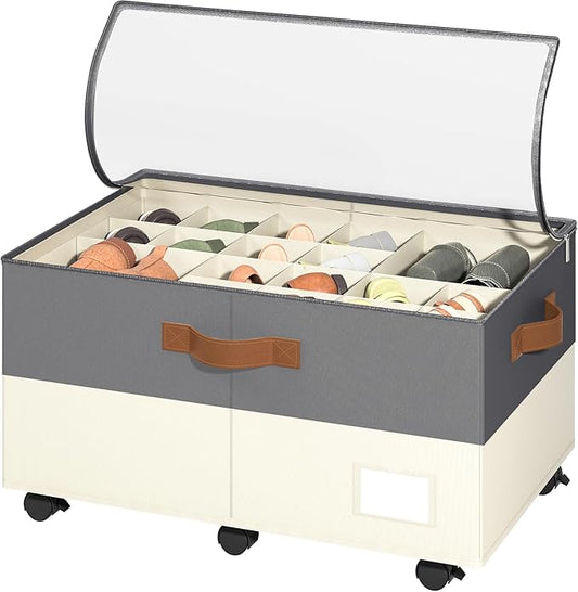 Foyego Shoe Organizer for Closet, with Wheels, Beige and Grey | Fits 24 Pairs, with Adjustable Dividers and Clear Cover, Saving Space Foldable Fabric Closet Shoe Storage Organizer Box Bins