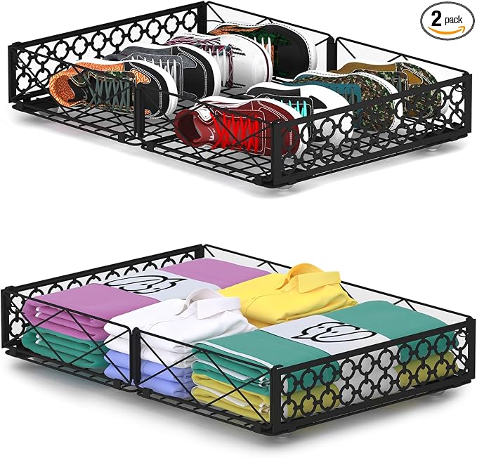 NADAMOO Under Bed Storage with Wheels, Low Profile Rolling Organizer Bins | Ultra-low 5.4" Height, 360° Swivel Casters, Strong Metal Containers Hold Shoes, Clothing, Toys, Dorm & Home Use, 2 Pack