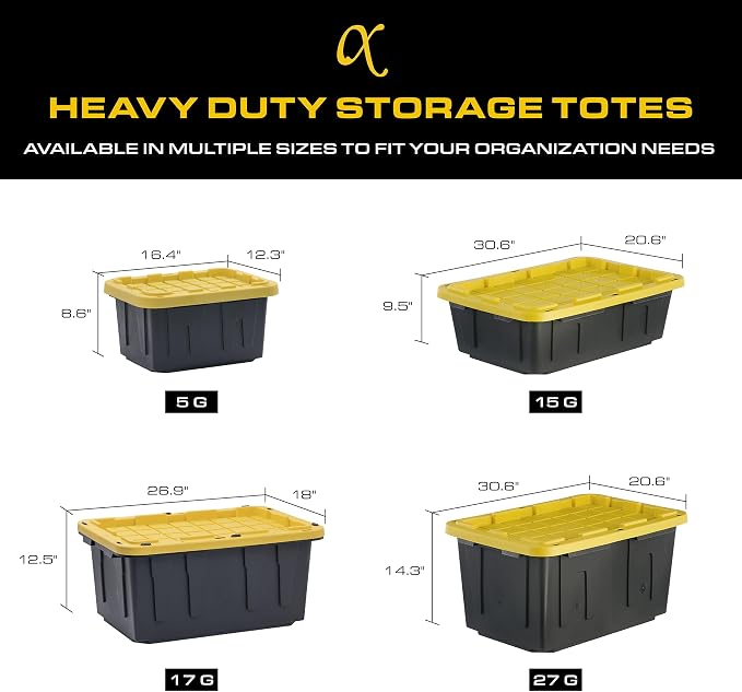 CX Heavy Duty 27-Gallon Stackable Plastic Storage Bins with Lids, 4 Pack | Storage totes for garage organization, Stackable containers, weather-resistant, snap lid, 14.3H x 20.6W x 30.6D, Black/Yellow