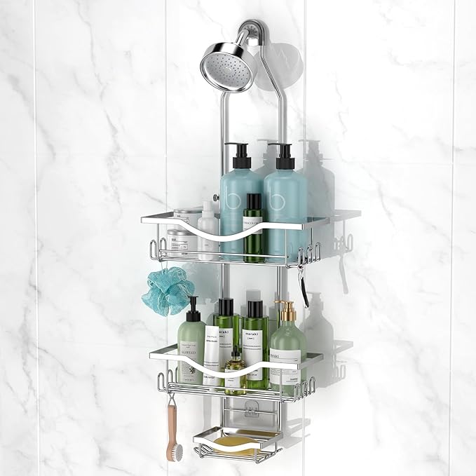 Shower Caddy Hanging Adjustable Shower Caddy, Rustproof Shower Organizer Extended Length Showers Caddy Over Shower Head with Hooks Soap Holder, Large Capacity Anti-Swing Bathroom Organizer, Silver | Rustproof Shower Organizer, Extra Long, No Drilling, ...