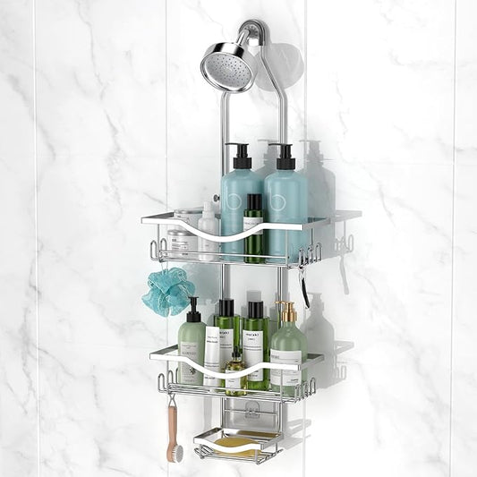Shower Caddy Hanging Adjustable Shower Caddy, Rustproof Shower Organizer Extended Length Showers Caddy Over Shower Head with Hooks Soap Holder, Large Capacity Anti-Swing Bathroom Organizer, Silver | Rustproof Shower Organizer, Extra Long, No Drilling, ...