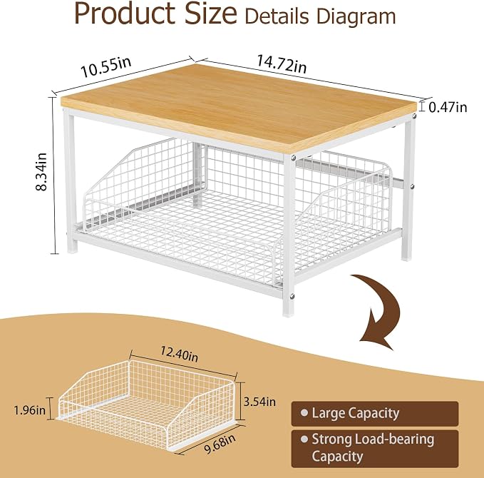 KLM Pull Out Spice Rack Organizer for Cabinet,Rustic Wood Top with Wire Basket Storage,Kitchen Countertop Organizer and Storage for Pantry, Counter top,Coffee Station Wood. (Natural)