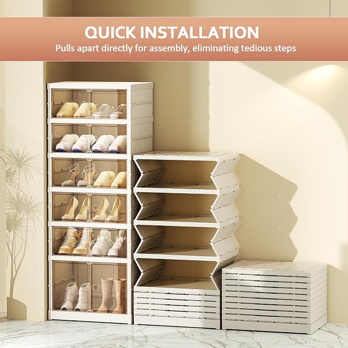 SYNCVIBE Foldable Shoe Rack Organize 6 Tier Plastic Shoe Shelf, 12 Pairs Collapsible Shoes Storage Bins, Large Folding Shoe Boxes for Closet with Doors, Stackable Storage Shoe Cabinet