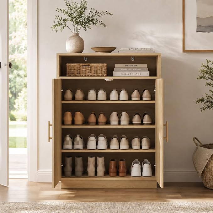 Shoe Cabinet with Arched Doors, 43" Hidden Shoe Storage, Oak | Tall Large, Adjustable Shelves, 5-Tier Mid Century Modern Shoe Rack Organizer, for Entryway Hallway Living Room