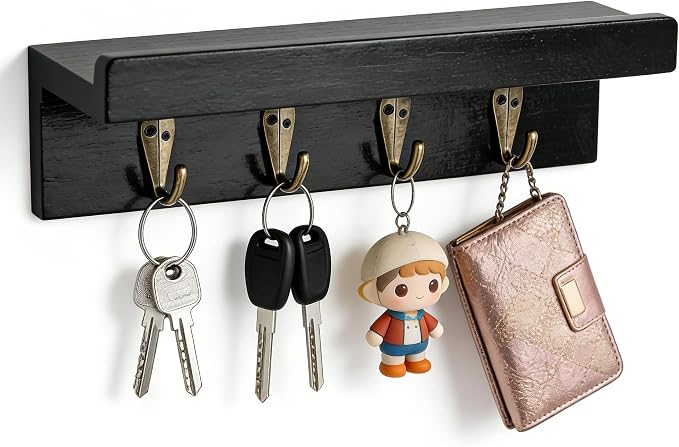 Gulex Key Holder Wall Mount, Rustic Wooden for Organize Keys and Mail Black