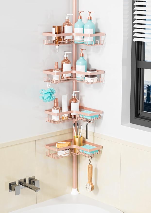 KEGII Corner Shower Caddy Tension Pole, Bathroom Organizer, Blush Nude | 28 Hooks, Soap Holder and Razor Rack for Family Bathrooms, 4-Tier Storage with Rustproof Steel, Fits 25-114.2 inch Heights