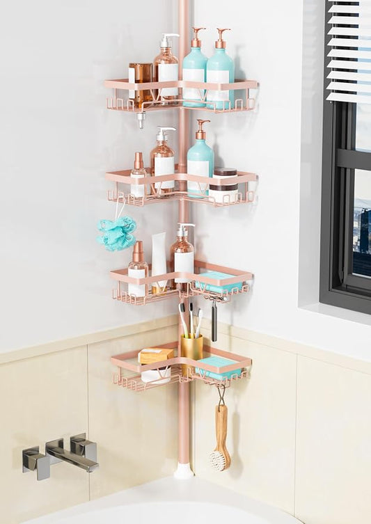 KEGII Corner Shower Caddy Tension Pole, Bathroom Organizer, Blush Nude | 28 Hooks, Soap Holder and Razor Rack for Family Bathrooms, 4-Tier Storage with Rustproof Steel, Fits 25-114.2 inch Heights