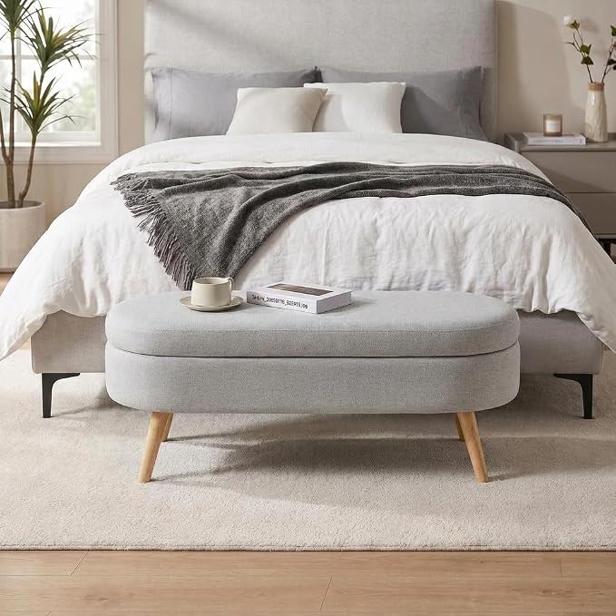 43.5” Storage Ottoman Bench，Upholstered Oval End of Bed Bench for Bedroom | Modern Linen Ottoman with Storage, Entryway Foot Rest with Wooden Legs, Lift-Top Lid with Safety Hinge, Living Room, Grey
