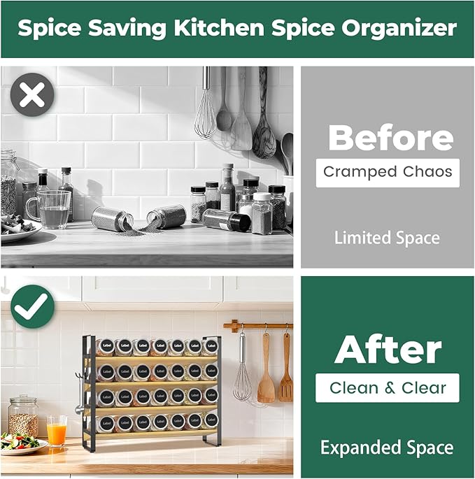 EsLuker.ly Spice Seasoning Rack Organizer Kitchen Countertop, 4 Tier Bamboo | Spice Shelf Holder Storage with 4 Hooks, Wall Mounted Freestanding Stand for Pantry, Quick Spice Access(Jars Not Included)