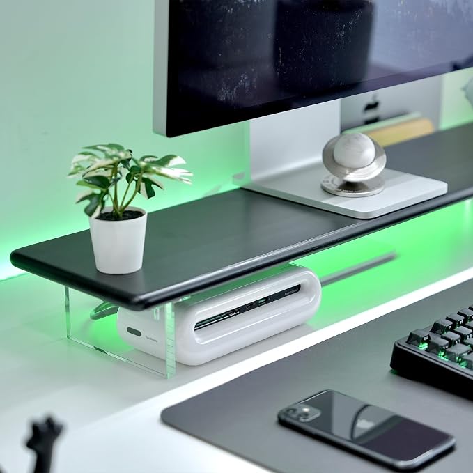 Bamboo Monitor Stand, Desk Shelf with Acrylic Legs and RGB Lights | 31.5-Inch Wide, 3.3-Inch Clearance, Fits Monitor, Laptop, Printer and Speakers for Small Desks