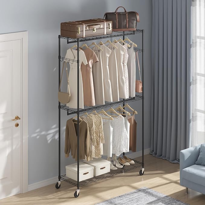 VEVOR Clothing Garment Rack, Heavy Duty Closet Wardrobe, Adjustable Tiers Clothes Racks with Steel Frame, for Bedroom, Clothing Store, Hallway