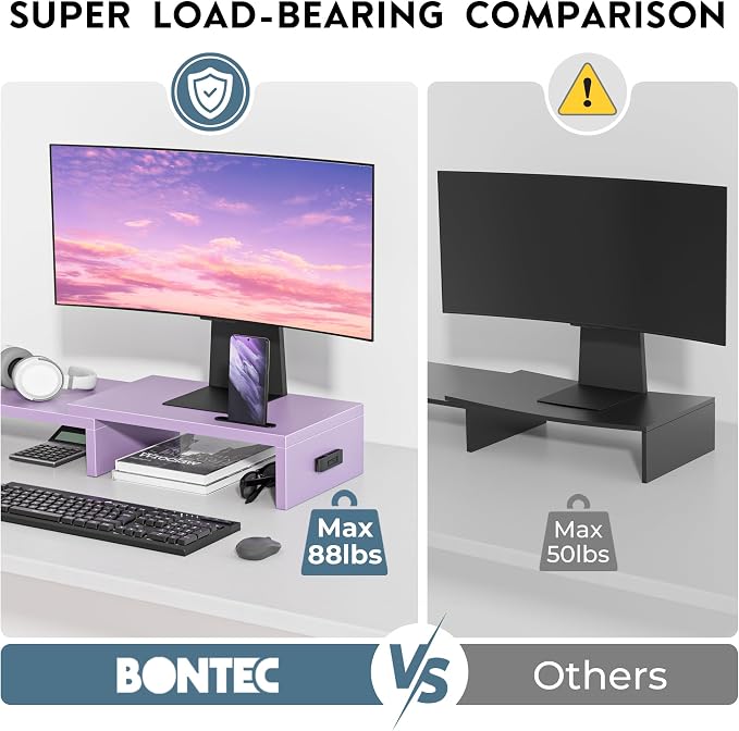 BONTEC Dual Monitor Stand Riser, Adjustable Length & Swivel Angle, Purple | Ergonomic Wooden Desktop Organizer with Smartphone Holder, Computer Monitor Stand for PC, Laptop, Printer and Large Storage