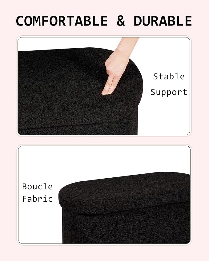 30 Inches Oval Storage Ottoman Bench, Foldable Footrest | Teddy Boucle Fabric, Hidden Storage, Soft Padded Seat, Compact Ottoman For Living Room, Bedroom, Dorm, Black