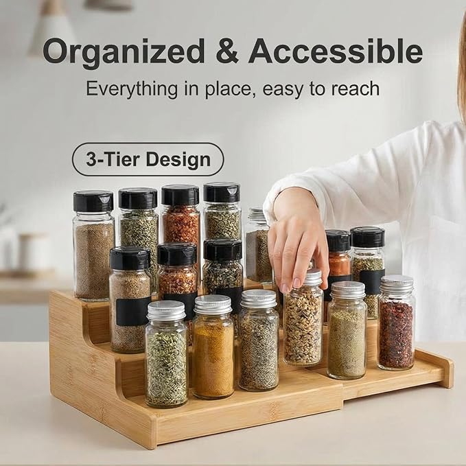 JinDoWin Spice Rack Organizer for Cabinets,Countertop & Pantries | Expandable design, 3-Tier stepped bamboo spice shelf, seasoning organizer, pantry organizers and storage