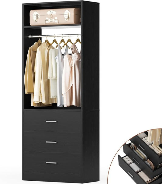 Besiost Freestanding 2FT Closet System with 3 Wood Drawers, 24" Closet Organizer System with Hanging Rod & Shelves, Walk-in Closet Systems for Small Closets, Black (24"L x 15" W x 80" H)