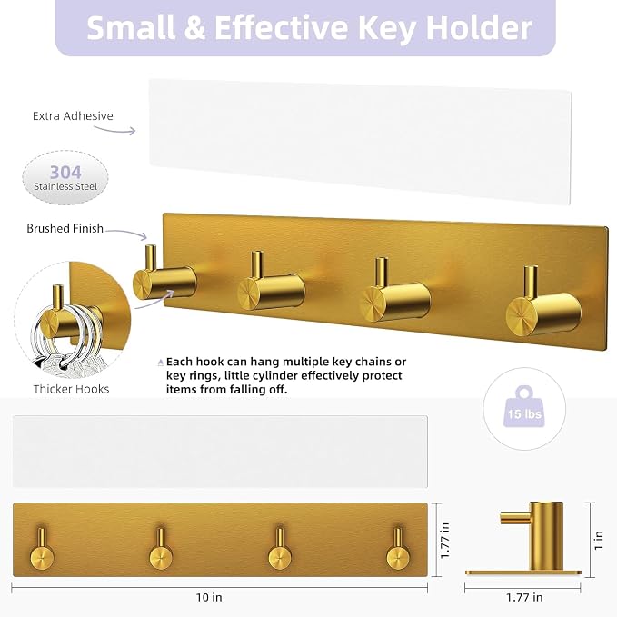 VIS'V Key Holder Wall Mount, Large Adhesive Key Hanger with 4 Hooks, Gold | Metal Material, No Drilling, Extra Adhesive Strip, Suitable for Entryway, Hallway, Doorway, Kitchen, Garage, Camper