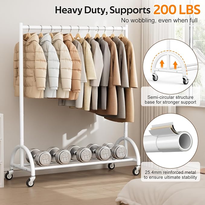 MISSLO Heavy Duty Clothing Rack with Wheels Rolling Clothes Racks for Hanging Clothes, Coats, Garment, Dress, White