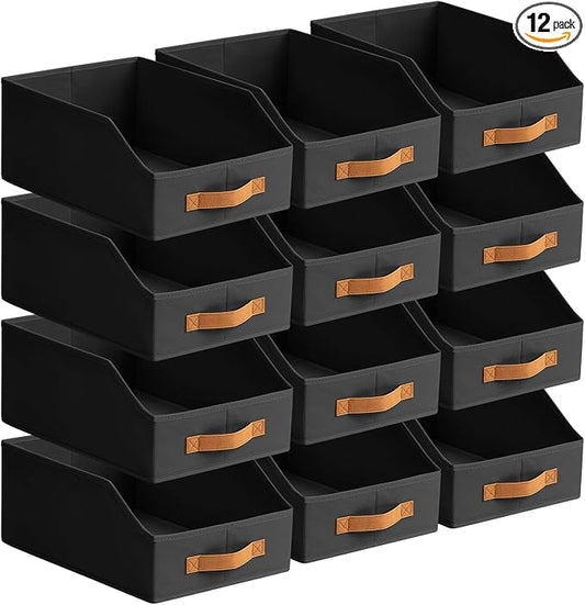 Fabric Storage Bins for Organizing - 12 Pack Large Trapezoid Collapsible Storage Bins with Front Handle, Closet Organizers and Storage for Bedroom, Home Shelves, Small Spaces, Black
