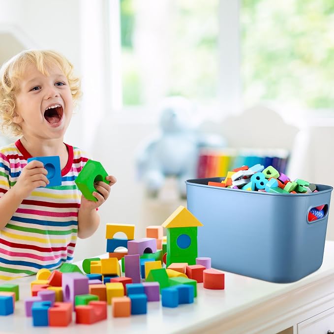 8 Pieces Colorful Storage Bins with Lid, Plastic Storage Basket Organizing Container Stackable Box with Handle for Shelves Desktop Playroom Office(10.2 x 7 x 6.3 Inch,Blue)