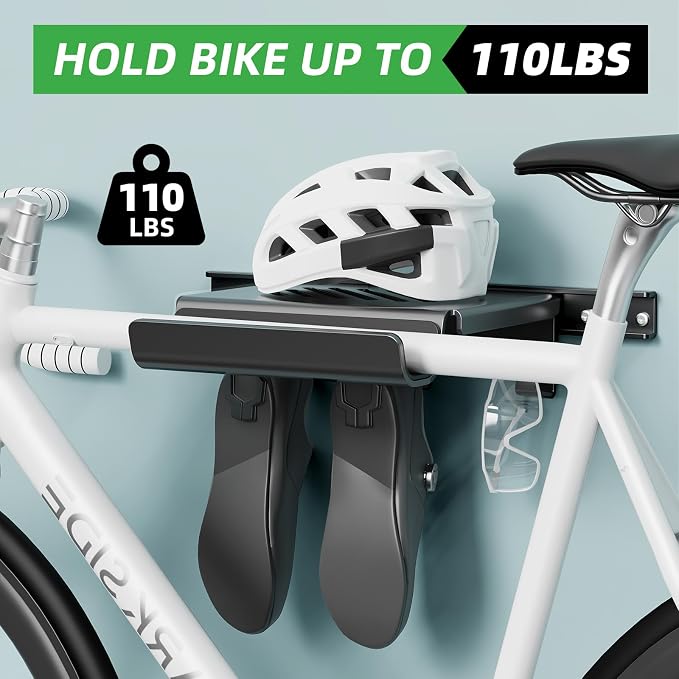 Bike Wall Mount Rack with Shelf and Hooks Saving space | Store Your Helmet and Shoes,Indoor Bike Storage Garage for a Single Road, Mountain or Other Bicycle,Fit Crank Bicycle