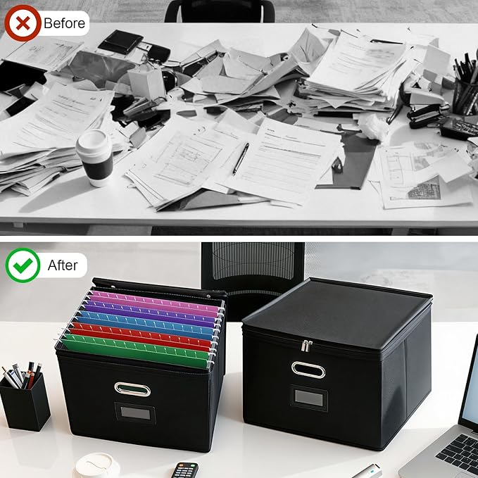 8 Pack File Organizer Boxes with Lids, Collapsible Document Storage Bin with Mesh Pockets & Zipper, Fits Letter/Legal Size Folders for Home Office Classroom Organization (Black, No Folders)