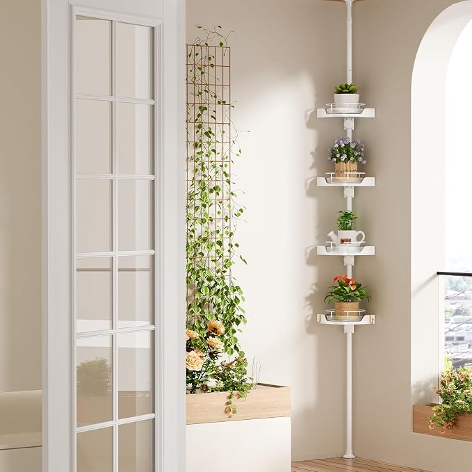 360° Rotating Corner Shower Caddy Tension Pole Organizer (White) | 4-Tier rotating shelves with hooks, adjustable tray height, upgraded rustproof metal pole, removable trays for shower storage