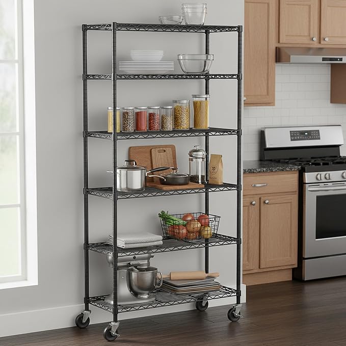 Folews 6-Tier Metal Storage Shelf with Wheels NSF Wire Shelving Unit, Black | Adjustable Storage Rack for Kitchen Garage Pantry Laundry Room, 36" W x 14" D x 75" H Rolling Shelf Organizer, Easy Assembly
