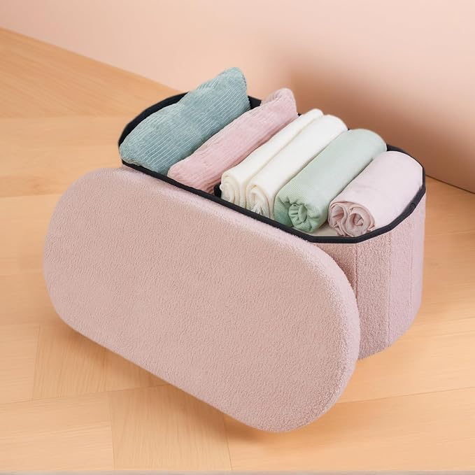 PINPLUS Storage Ottoman Bench Tufted Oval Ottomans for Living Room Foot Rest, Chest Box Velvet Bench with Storage, Pink 30"x15"x15" (Pink)