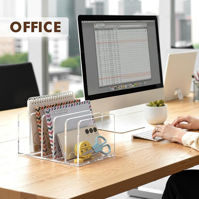 BEYGORM Acrylic Mail Holder, 5 Compartments Multifunction Desk Organizer | Clear Vertical Letter Sorter with Dividers, Modern Office & Home Storage for Documents, Notebooks & Folders