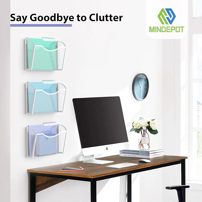 MINDEPOT Wall File Organizer, Hanging Wall File Holder, 3 Pack, Black | Heavy Duty Iron, Metal Mesh Wall Mount, Single Pocket, Mail Organizer, for Office School Classroom Home, Letter A4 Size