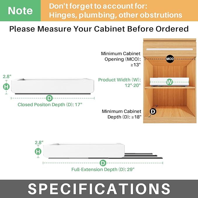 Pull out Cabinet Organizer, Expandable(12"-20") Heavy Duty Slide out Drawers Fixed with Adhesive Nano Film for Pots, Roll out Shelf Storage for Kitchen Base Cabinet, Pantry, Bathroom Cupboard
