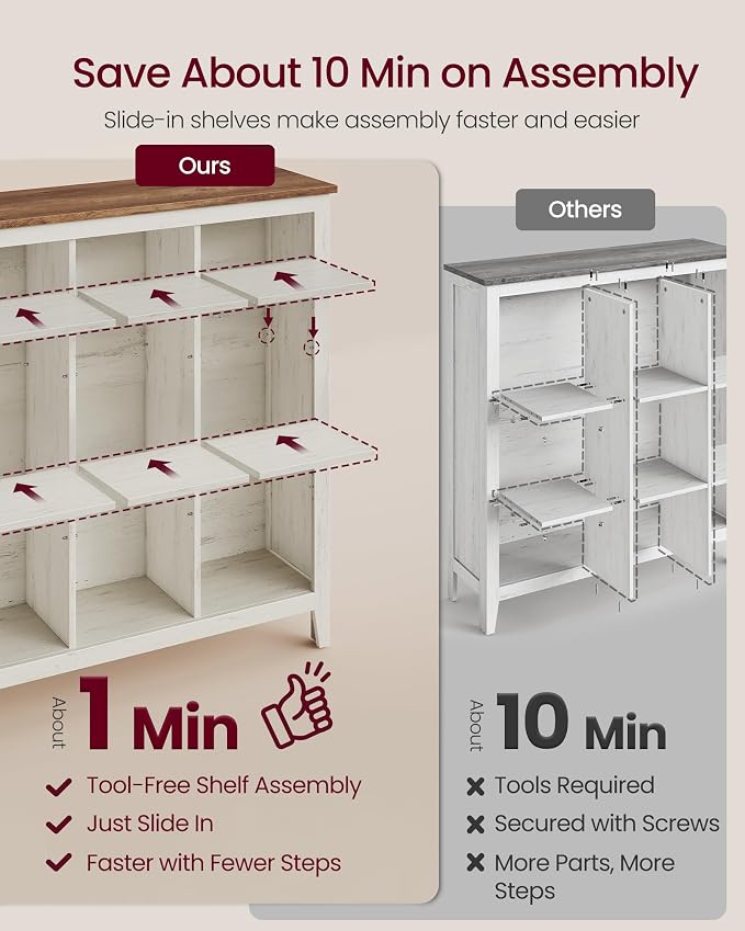 VASAGLE Liry Collection Farmhouse Bookcase, 9-Cube Storage Organizer with Legs, Adjustable Shelves, 38.6 x 11.6 x 41.3 in, for Home Office, Living Room, Cloud White and Warm Brown ULBC139W101S