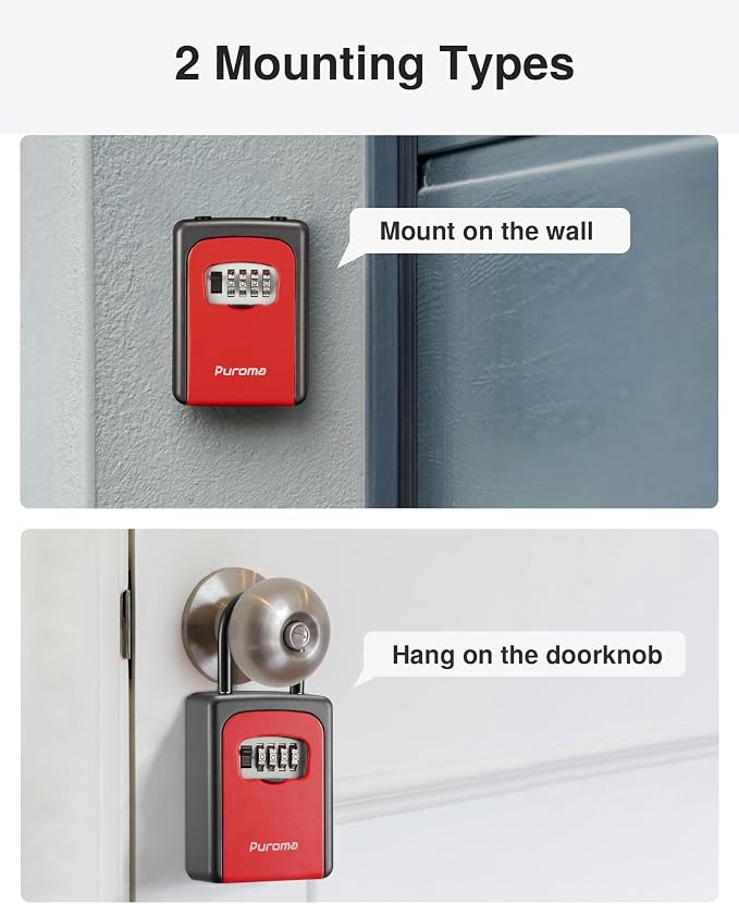 Puroma Lock Box, Large Key Lock Box Resettable Combination Code Lockbox, Portable Wall Mount Lockbox Security Safe Box for Outside Outdoor Home Office Door Handle House Key, Red (1 Pack)