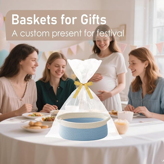 JMvicyroam Small Woven Basket, Empty Gift Basket, White&Blue/2 Pack | Small Gift Basket, Cotton Rope, 12 x 8 x 64 in, Handles, Includes Ribbon and Bag, Birthday Gift Basket