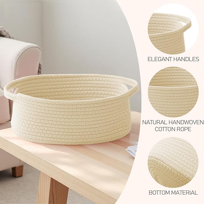 JMvicyroam Small Woven Basket, Empty Gift Basket, Beige/2 Pack | Small Gift Basket, Cotton Rope, 12 x 8 x 10 in, Handles, Includes Ribbon and Bag, Birthday Gift Basket