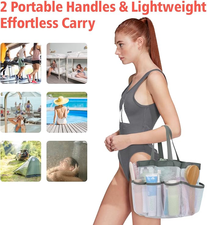 Mesh Shower Caddy Portable - 8 Pockets, S-Hook, Shower Bag for Dorm Camping | 2-Handle, Quick-Dry, Hanging Toiletry Organizer, College Dorm Room Essentials for Girls, Gym, Travel & Bathroom, White