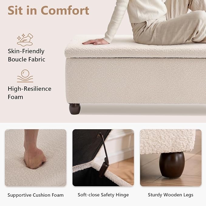 Boucle Storage Ottoman Bench, with Hidden Storage and Solid Wood Legs | Modern End of Bed Bench, Rectangle Footrest, Hidden Storage, Solid Wood Legs, Bedroom, Living Room and Entryway Use, Beige
