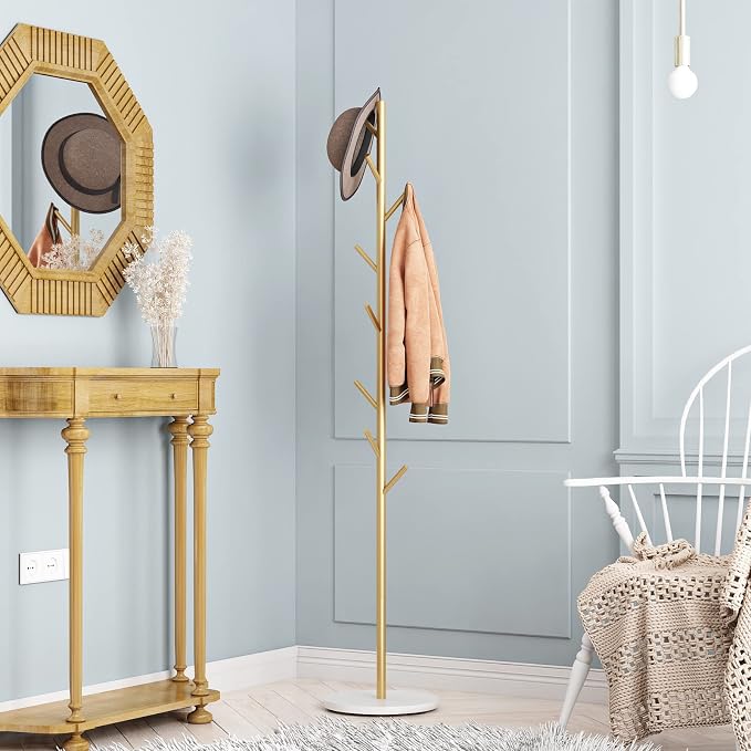 Gold Coat Racks with 8 Hooks, Branches Coat Tree Entryway, Freestanding | Modern Hat Rack, Easy to Assemble, Heavy Stable Marble Base