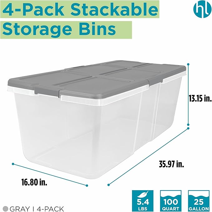 Home Logic 100 Qt Latched Storage Bin with Lid, Stackable Plastic Storage Container, Organizer for Home, Garage & Closet, 4 Pack, Gray