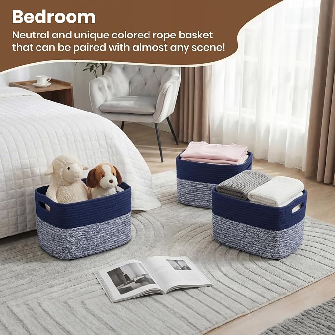 Storage Baskets for Organizing, 14 x 10 x 9” Closet Shelf Woven Baskets, Square Bins with Handles, Cotton Rope Basket for Clothes, Office, Room, Grey+Blue 1 Pack